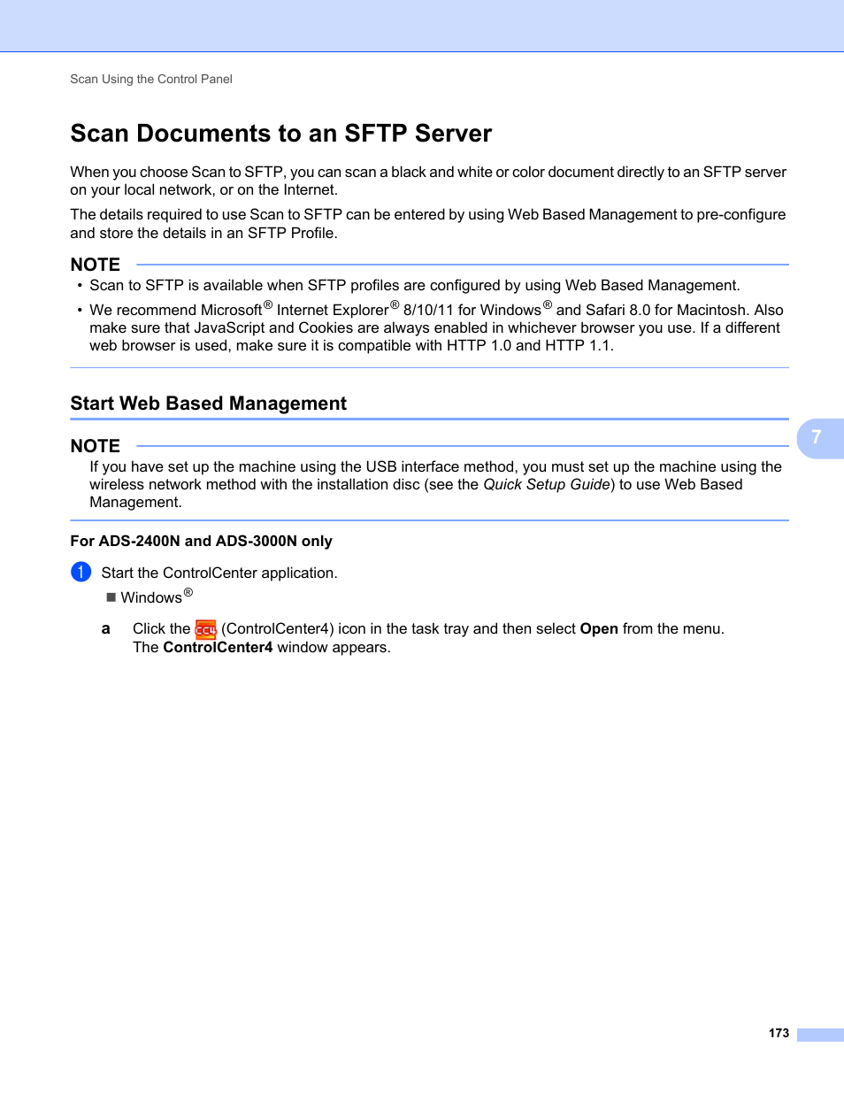 Scan documents to an sftp server, Start web based management | Brother ADS-2400N User Manual | Page 189 / 319