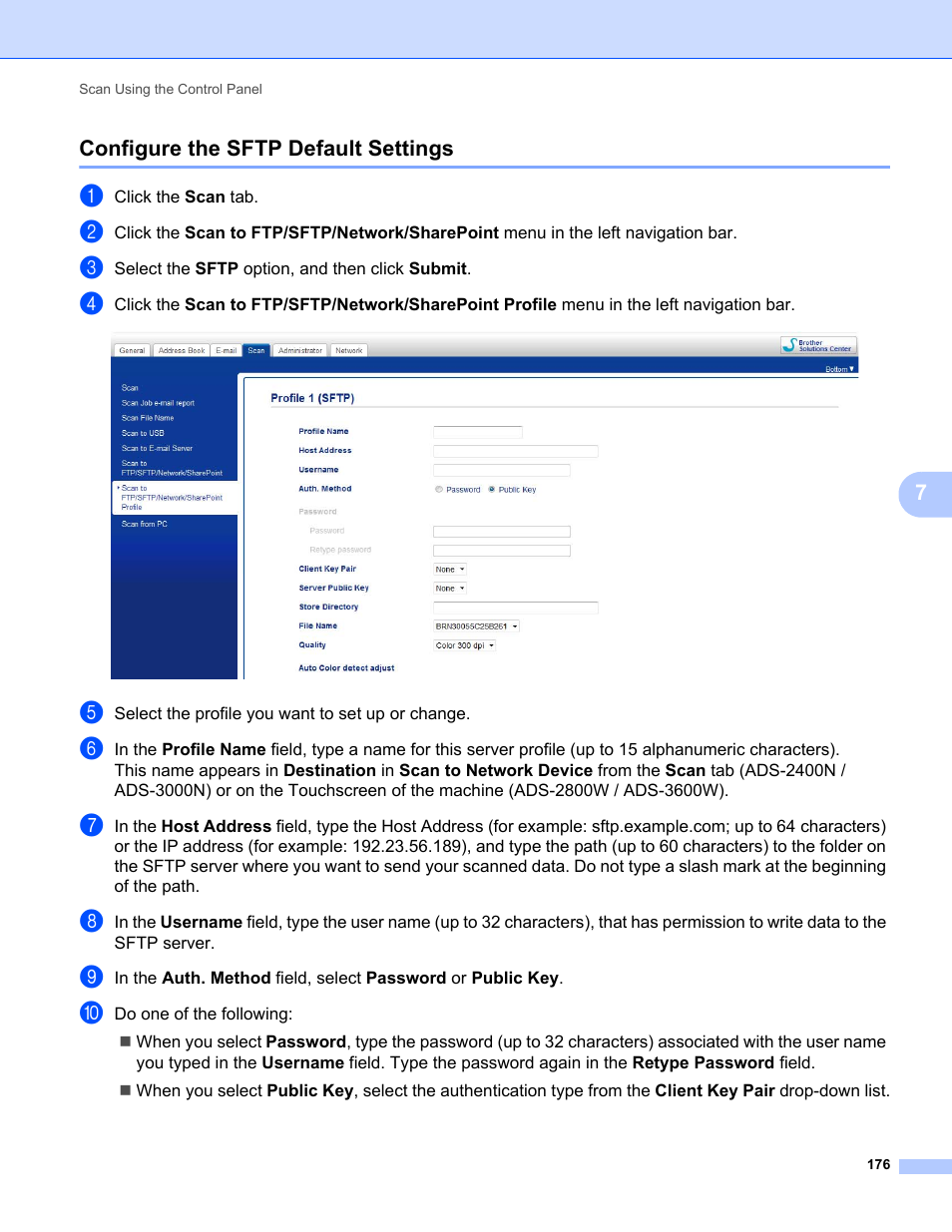 Configure the sftp default settings | Brother ADS-2400N User Manual | Page 192 / 319