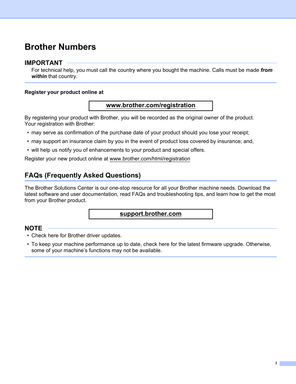 Brother numbers, Faqs (frequently asked questions), Important | Brother ADS-2400N User Manual | Page 2 / 319