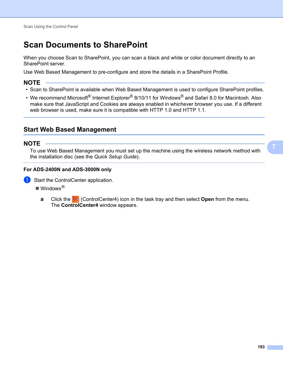 Scan documents to sharepoint, Start web based management | Brother ADS-2400N User Manual | Page 209 / 319