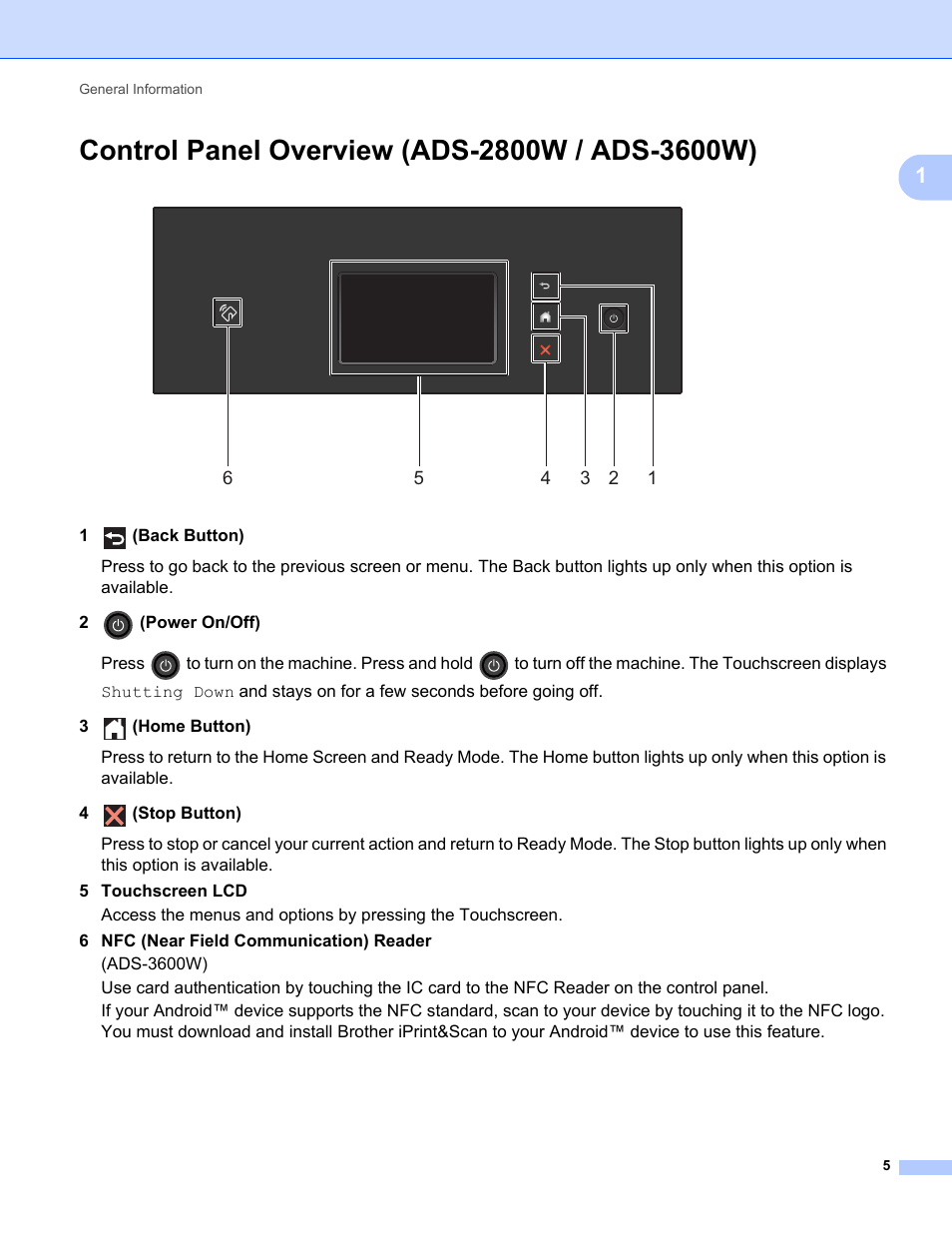 Control panel overview (ads-2800w / ads-3600w) | Brother ADS-2400N User Manual | Page 21 / 319
