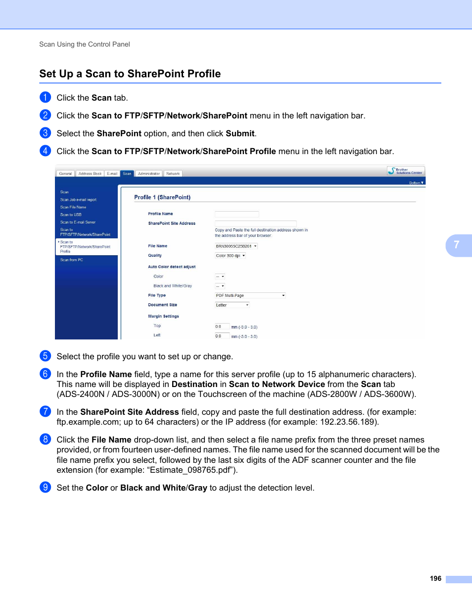 Set up a scan to sharepoint profile | Brother ADS-2400N User Manual | Page 212 / 319