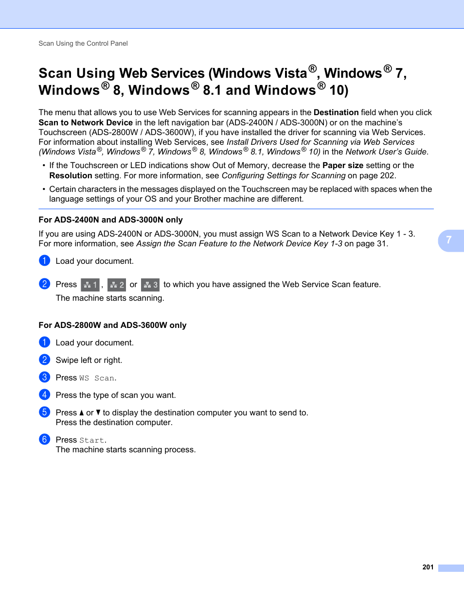 Scan using web services (windows vista, Windows, 8, windows | 1 and, 7, windows, 1 and windows | Brother ADS-2400N User Manual | Page 217 / 319