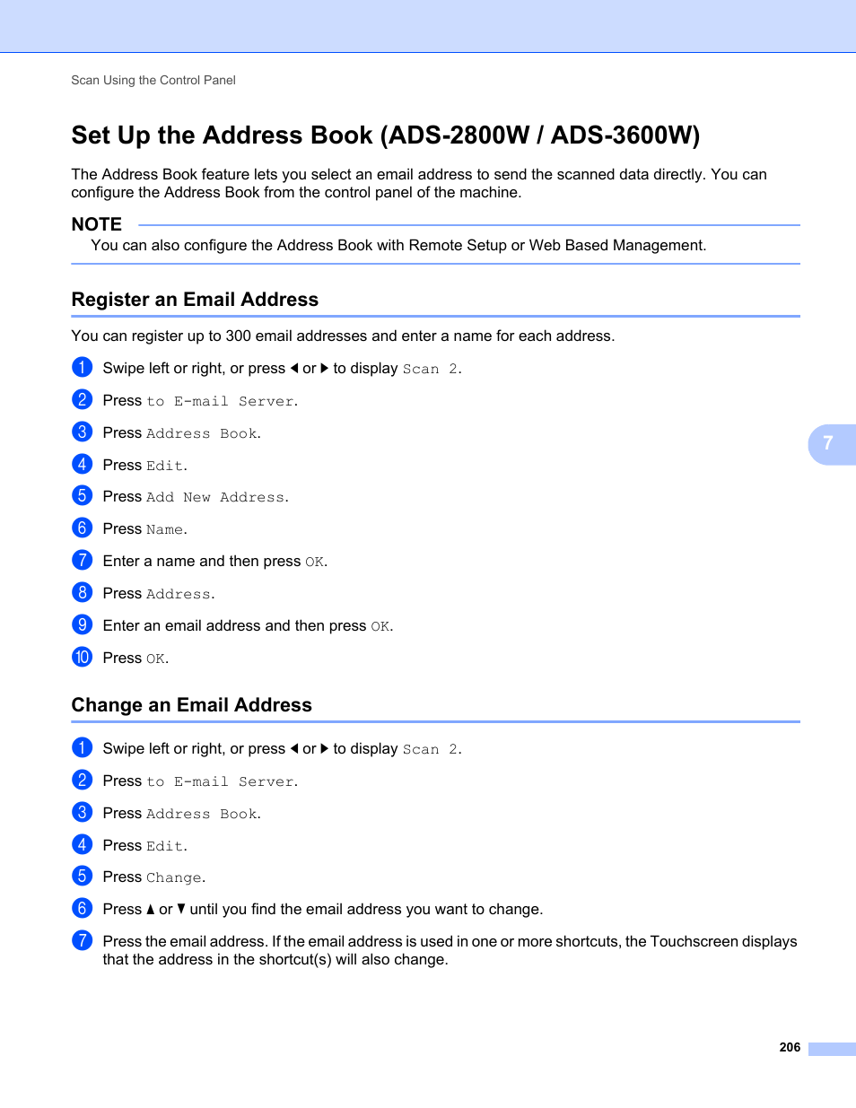 Set up the address book (ads-2800w / ads-3600w), Register an email address, Change an email address | Register an email address change an email address, E set up the address book (ads-2800w | Brother ADS-2400N User Manual | Page 222 / 319