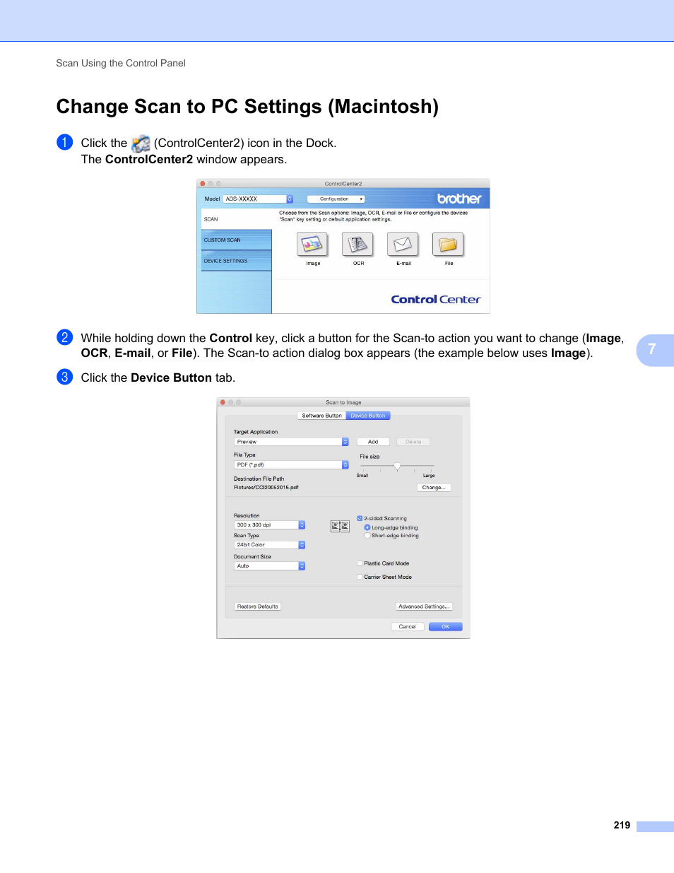 Change scan to pc settings (macintosh), Change | Brother ADS-2400N User Manual | Page 235 / 319