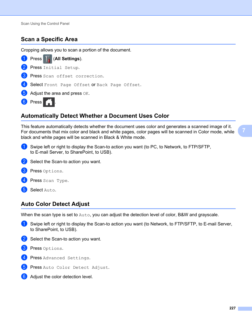 Scan a specific area, Automatically detect whether a document uses color, Auto color detect adjust | Brother ADS-2400N User Manual | Page 243 / 319