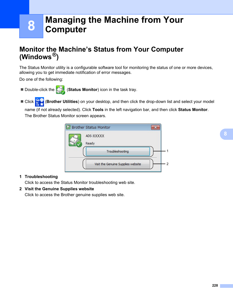 8 managing the machine from your computer, Managing the machine from your computer | Brother ADS-2400N User Manual | Page 244 / 319