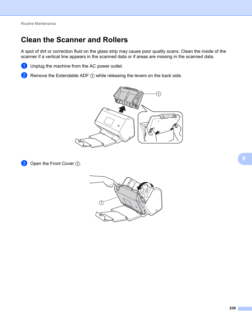 Clean the scanner and rollers | Brother ADS-2400N User Manual | Page 255 / 319