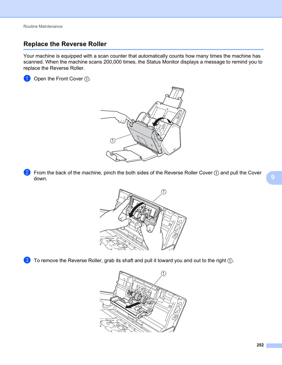 Replace the reverse roller, 9replace the reverse roller | Brother ADS-2400N User Manual | Page 268 / 319