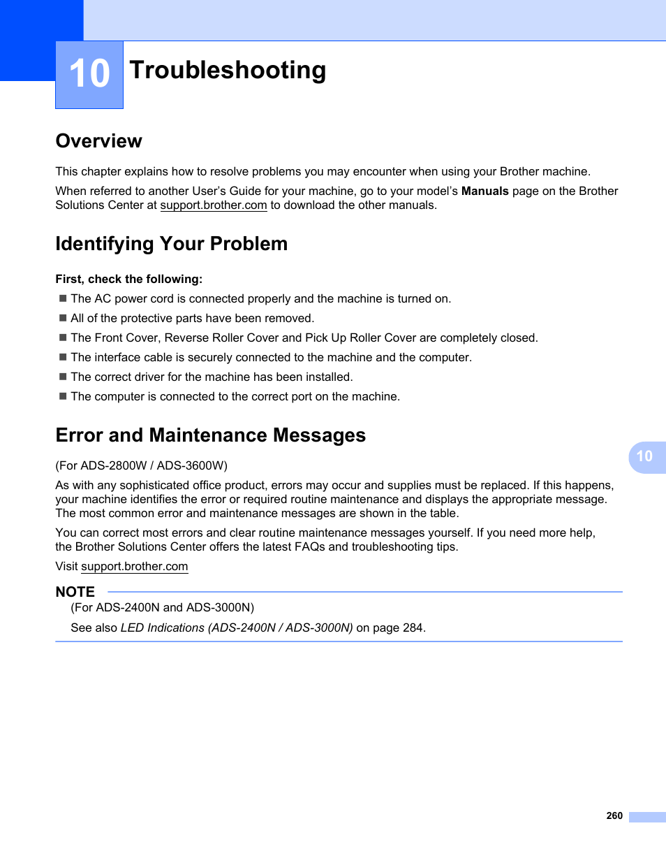 10 troubleshooting, Overview, Identifying your problem | Error and maintenance messages, Troubleshooting | Brother ADS-2400N User Manual | Page 276 / 319