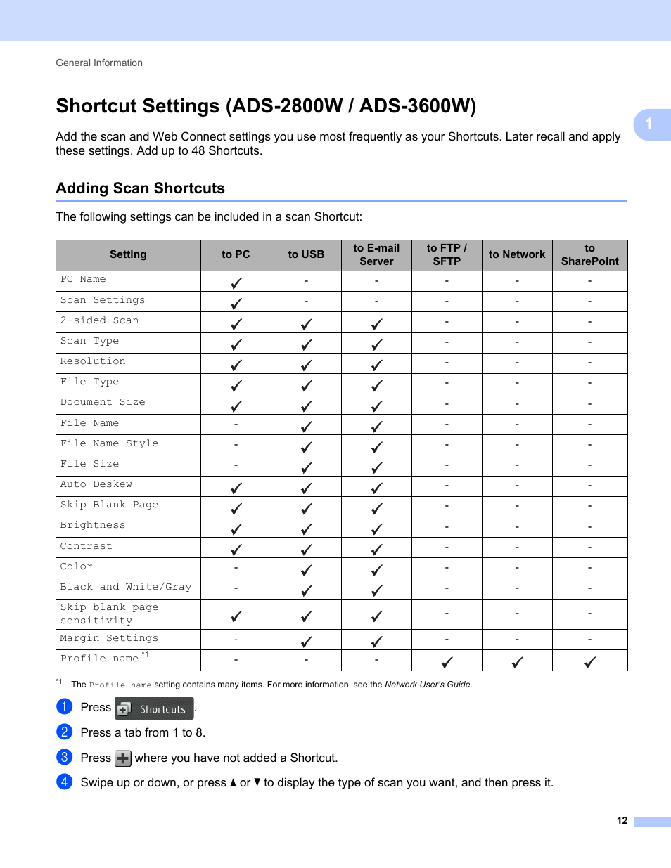 Shortcut settings (ads-2800w / ads-3600w), Adding scan shortcuts, Press | Press a tab from 1 to 8, Press where you have not added a shortcut | Brother ADS-2400N User Manual | Page 28 / 319