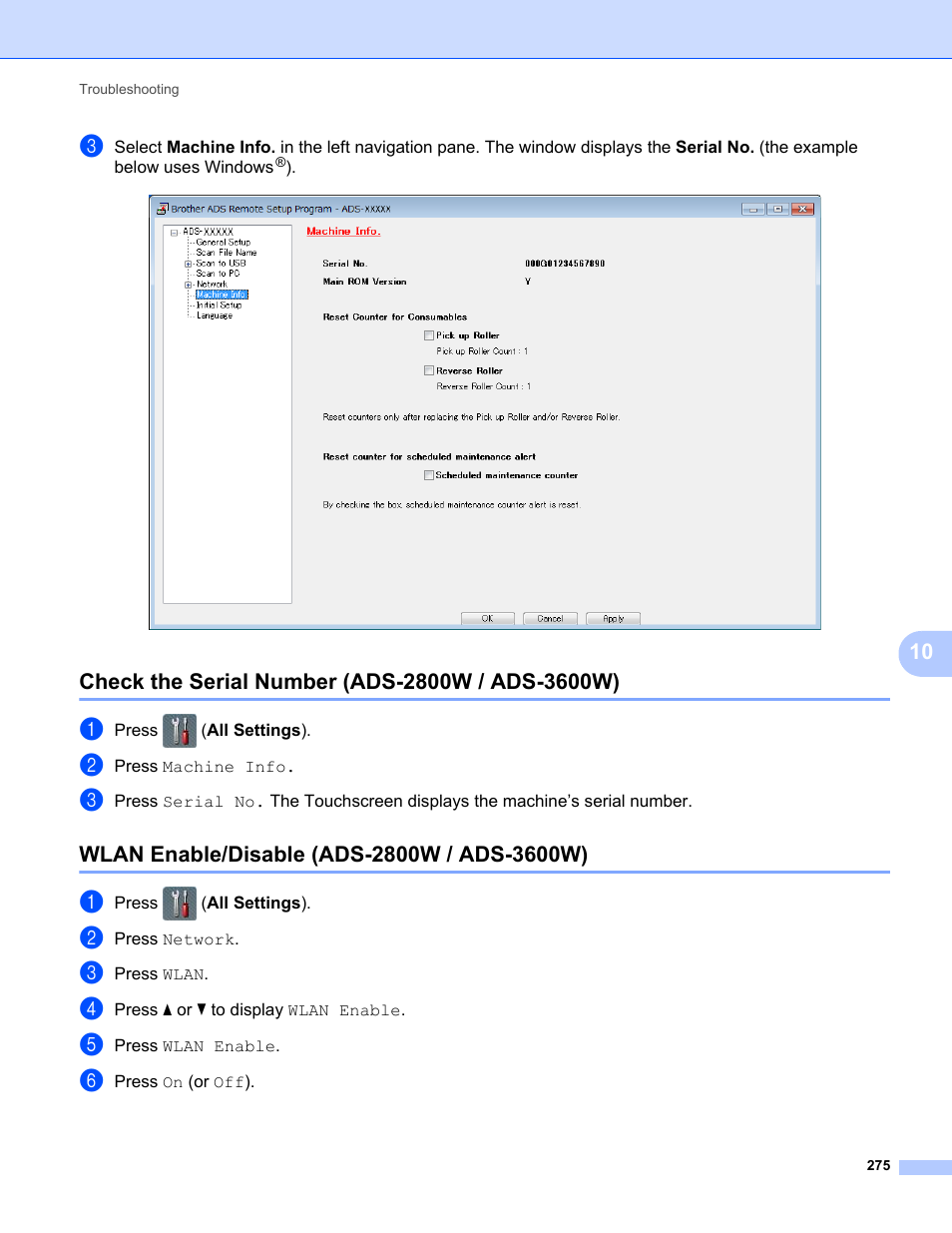 Check the serial number (ads-2800w / ads-3600w), Wlan enable/disable (ads-2800w / ads-3600w) | Brother ADS-2400N User Manual | Page 291 / 319