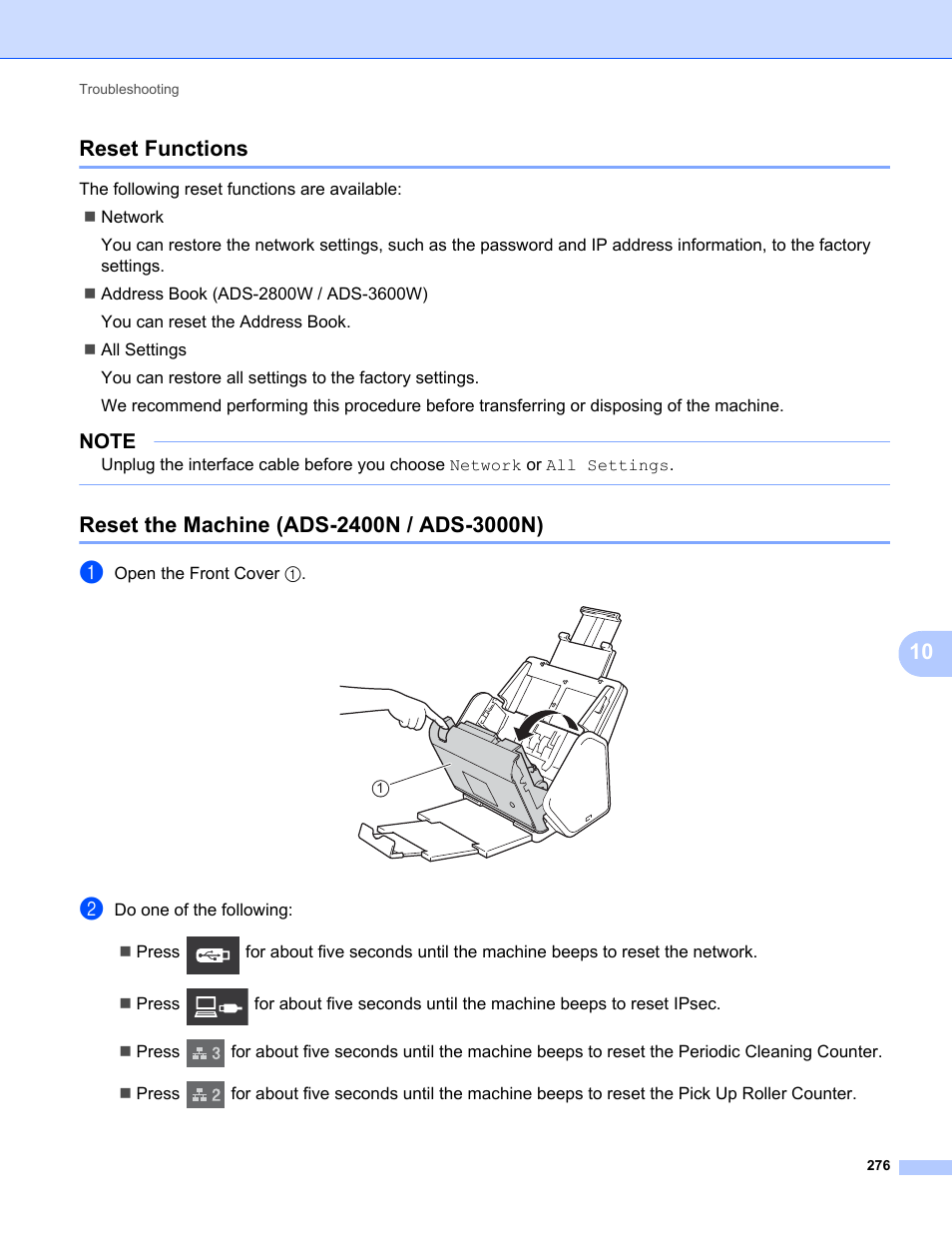 Reset functions, Reset the machine (ads-2400n / ads-3000n), 10 reset functions | Brother ADS-2400N User Manual | Page 292 / 319