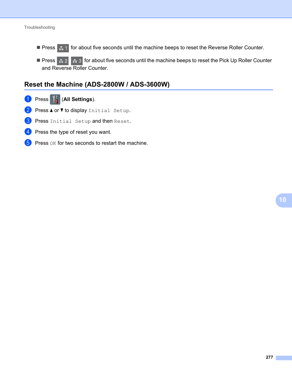 Reset the machine (ads-2800w / ads-3600w) | Brother ADS-2400N User Manual | Page 293 / 319