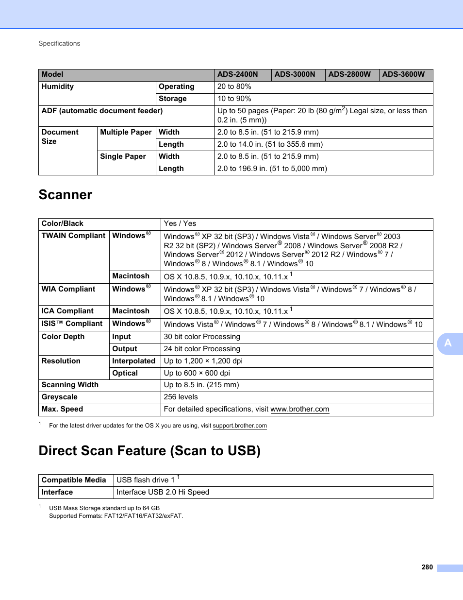 Scanner, Direct scan feature (scan to usb), Scanner direct scan feature (scan to usb) | Brother ADS-2400N User Manual | Page 296 / 319