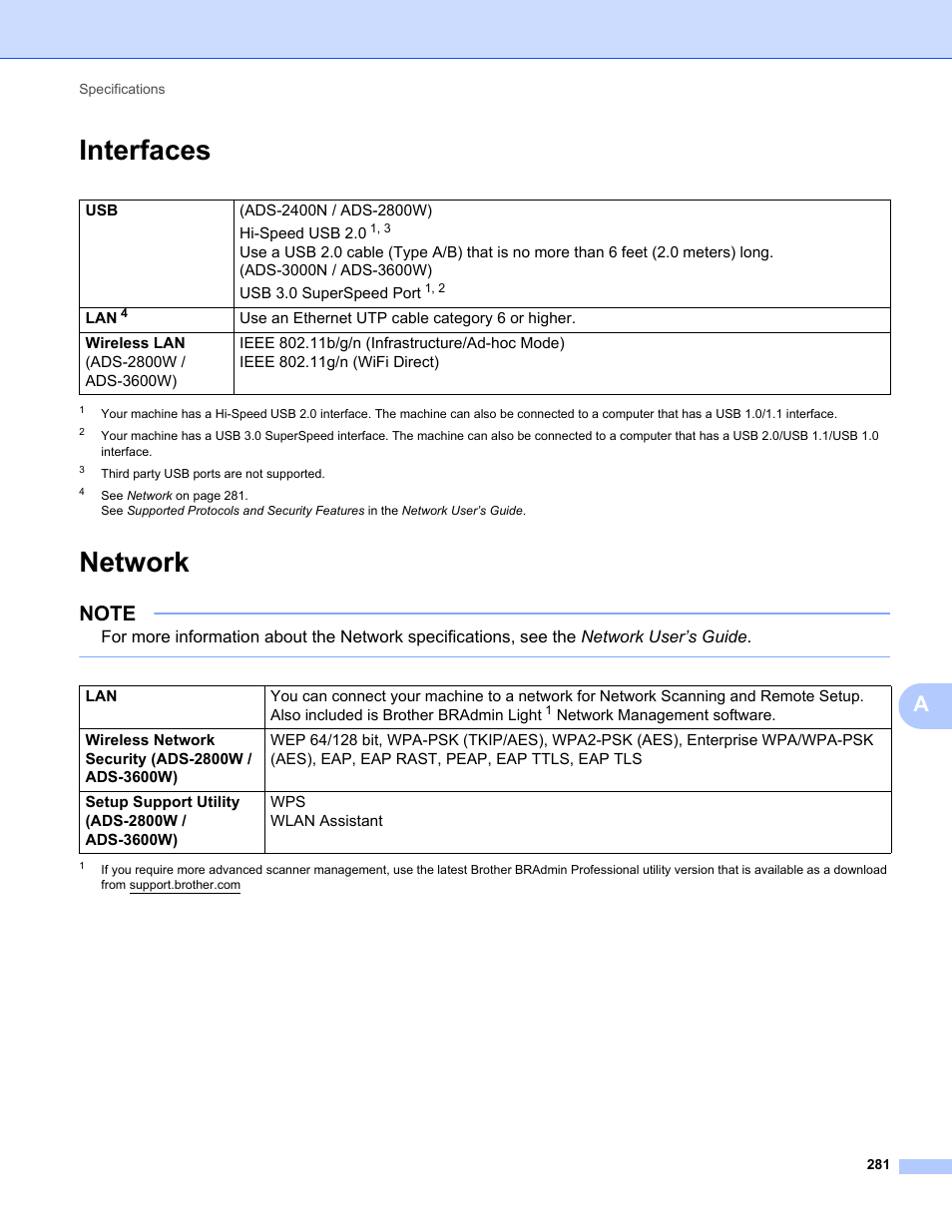 Interfaces, Network, Interfaces network | Brother ADS-2400N User Manual | Page 297 / 319