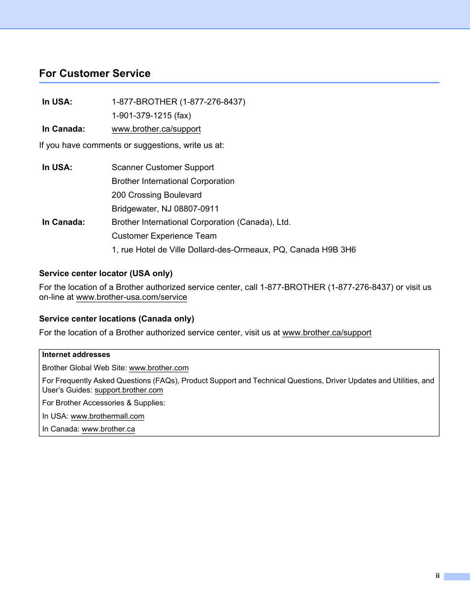 For customer service | Brother ADS-2400N User Manual | Page 3 / 319