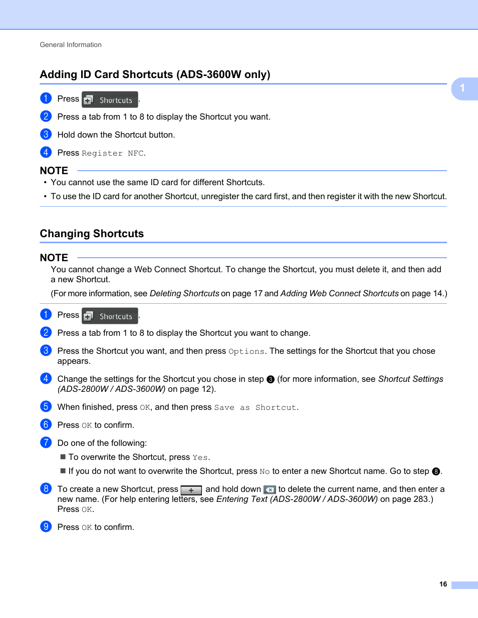 Adding id card shortcuts (ads-3600w only), Changing shortcuts | Brother ADS-2400N User Manual | Page 32 / 319