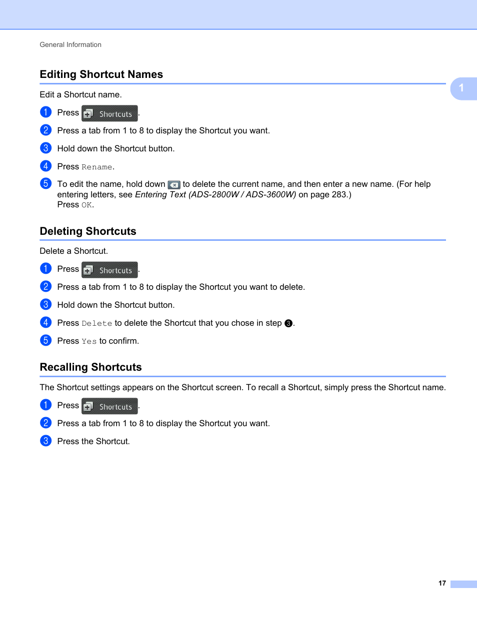 Editing shortcut names, Deleting shortcuts, Recalling shortcuts | Brother ADS-2400N User Manual | Page 33 / 319