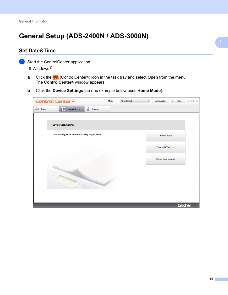General setup (ads-2400n / ads-3000n), Set date&time | Brother ADS-2400N User Manual | Page 35 / 319