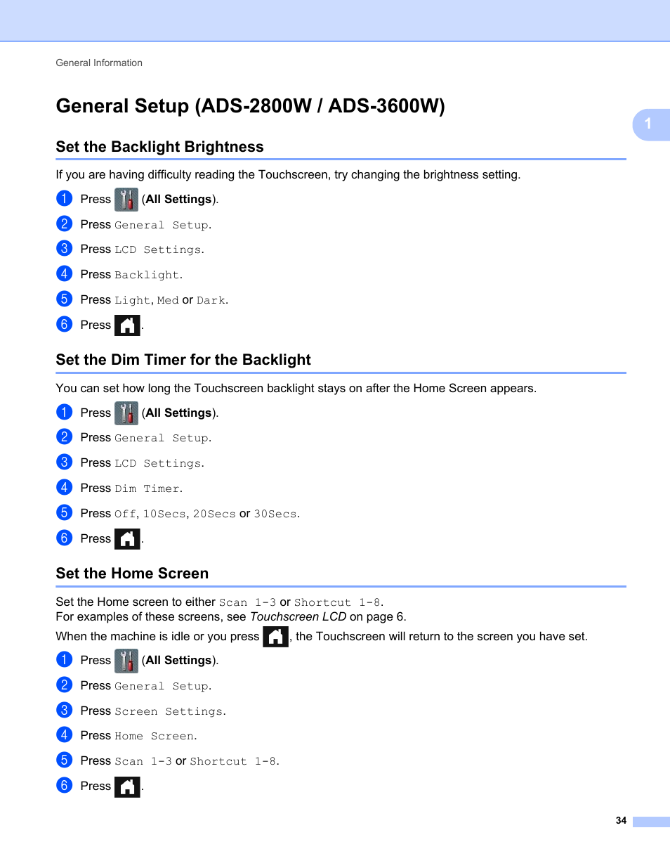 General setup (ads-2800w / ads-3600w), Set the backlight brightness, Set the dim timer for the backlight | Set the home screen | Brother ADS-2400N User Manual | Page 50 / 319