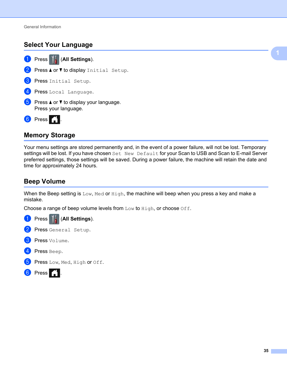 Select your language, Memory storage, Beep volume | Select your language memory storage beep volume | Brother ADS-2400N User Manual | Page 51 / 319