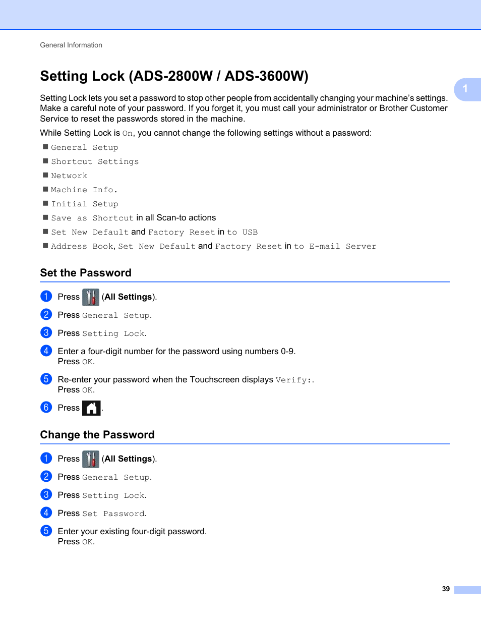 Setting lock (ads-2800w / ads-3600w), Set the password, Change the password | Set the password change the password | Brother ADS-2400N User Manual | Page 55 / 319