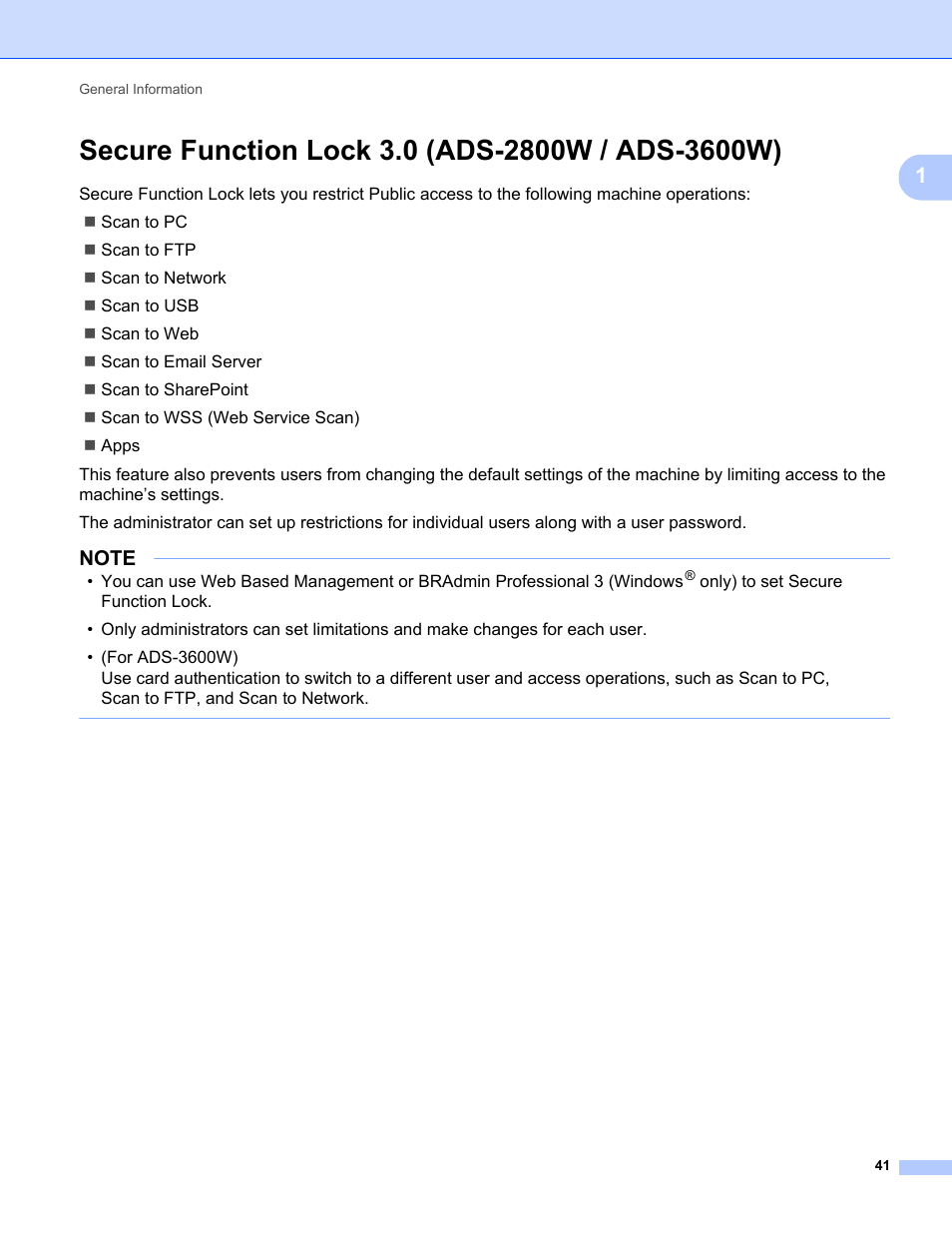 Secure function lock 3.0 (ads-2800w / ads-3600w) | Brother ADS-2400N User Manual | Page 57 / 319