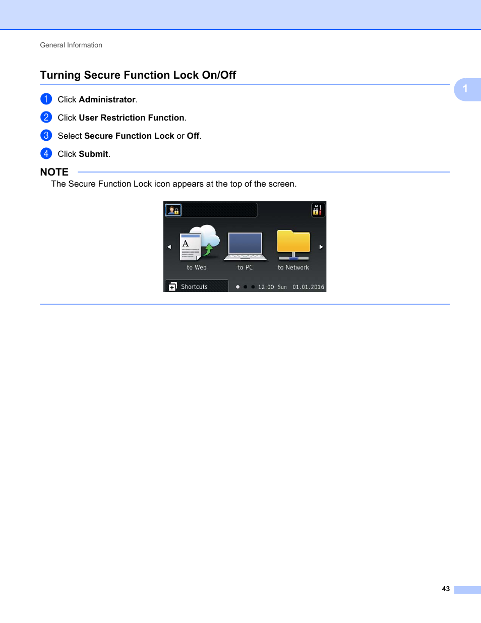 Turning secure function lock on/off, 1turning secure function lock on/off | Brother ADS-2400N User Manual | Page 59 / 319