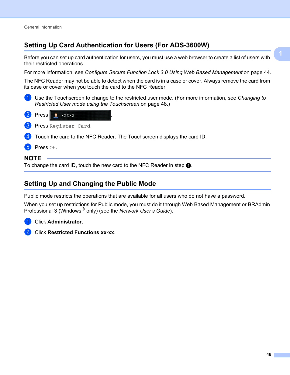 Setting up and changing the public mode | Brother ADS-2400N User Manual | Page 62 / 319