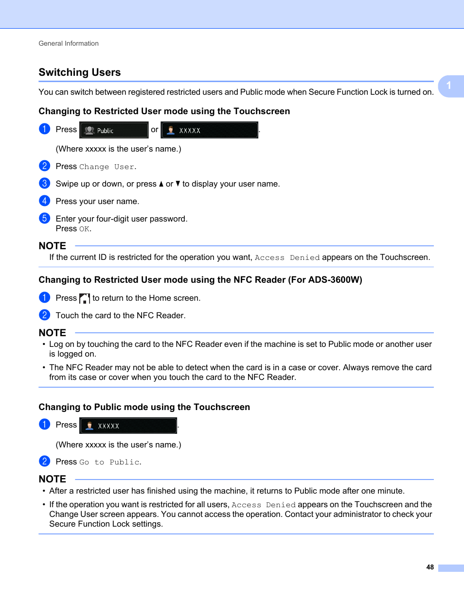 Switching users, 1switching users | Brother ADS-2400N User Manual | Page 64 / 319
