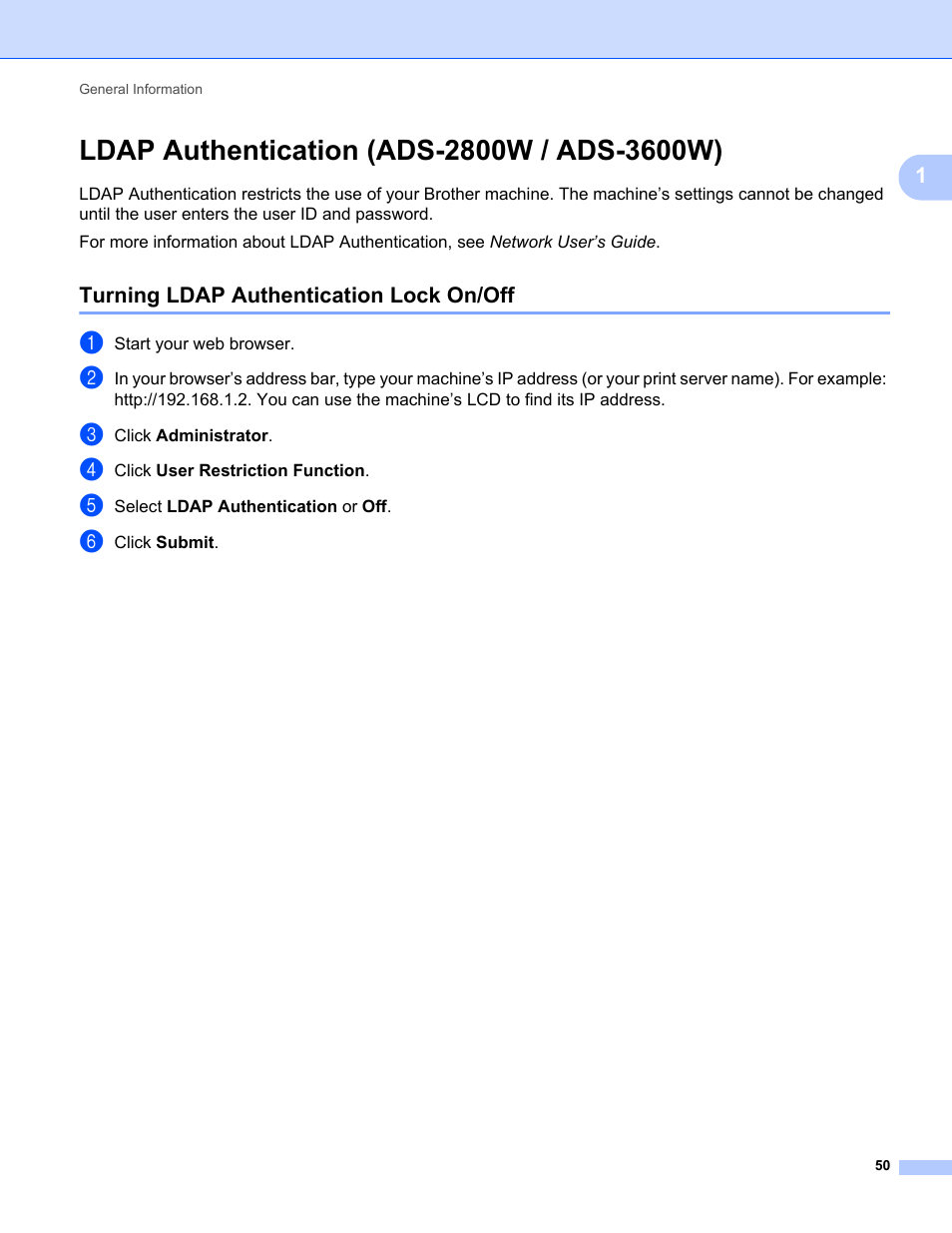 Ldap authentication (ads-2800w / ads-3600w), Turning ldap authentication lock on/off | Brother ADS-2400N User Manual | Page 66 / 319