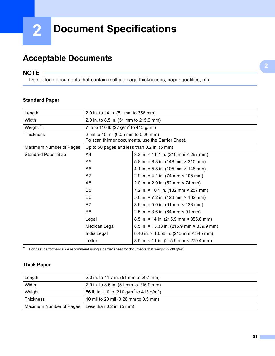 2 document specifications, Acceptable documents, Document specifications | Brother ADS-2400N User Manual | Page 67 / 319