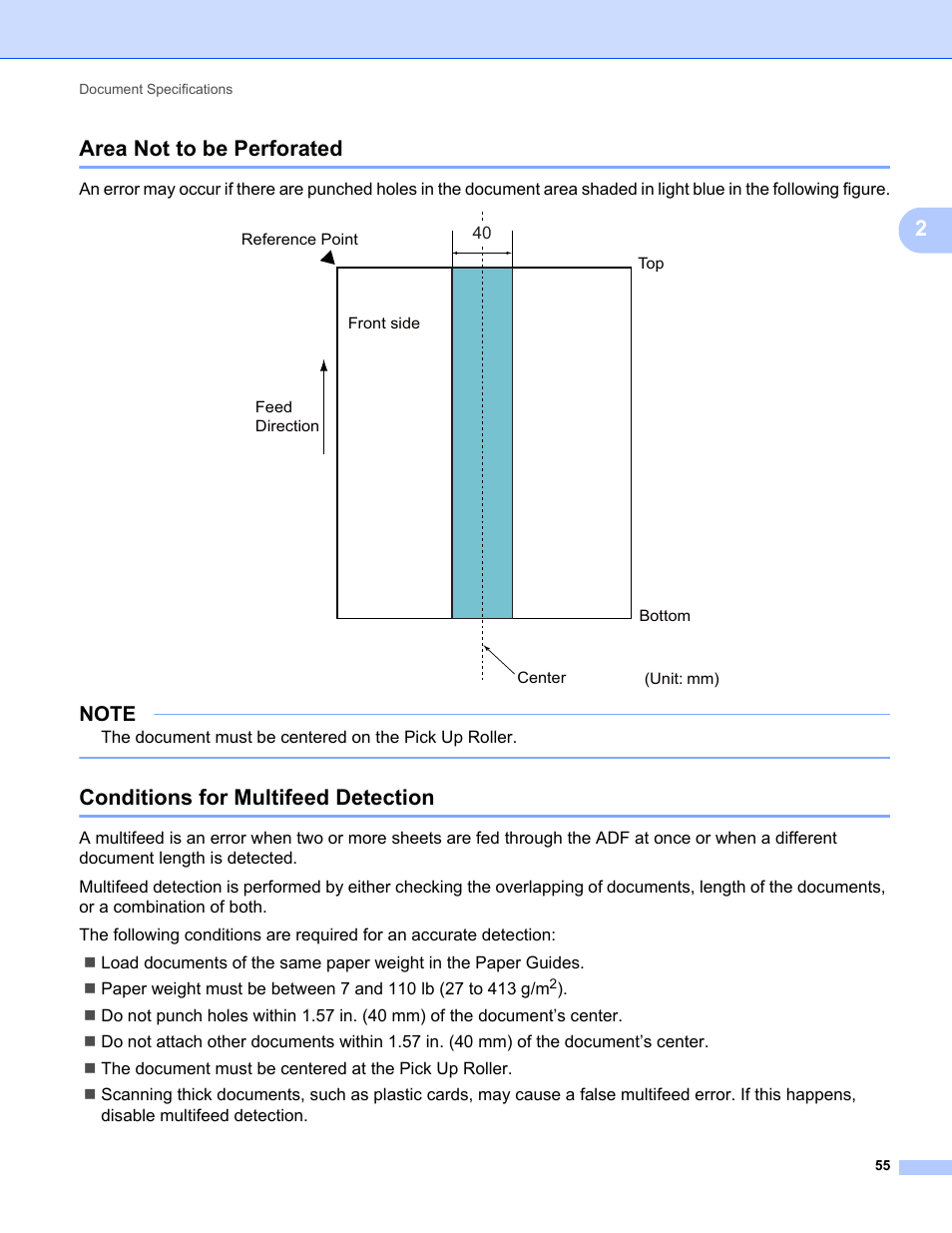 Area not to be perforated, Conditions for multifeed detection, 2area not to be perforated | Brother ADS-2400N User Manual | Page 71 / 319