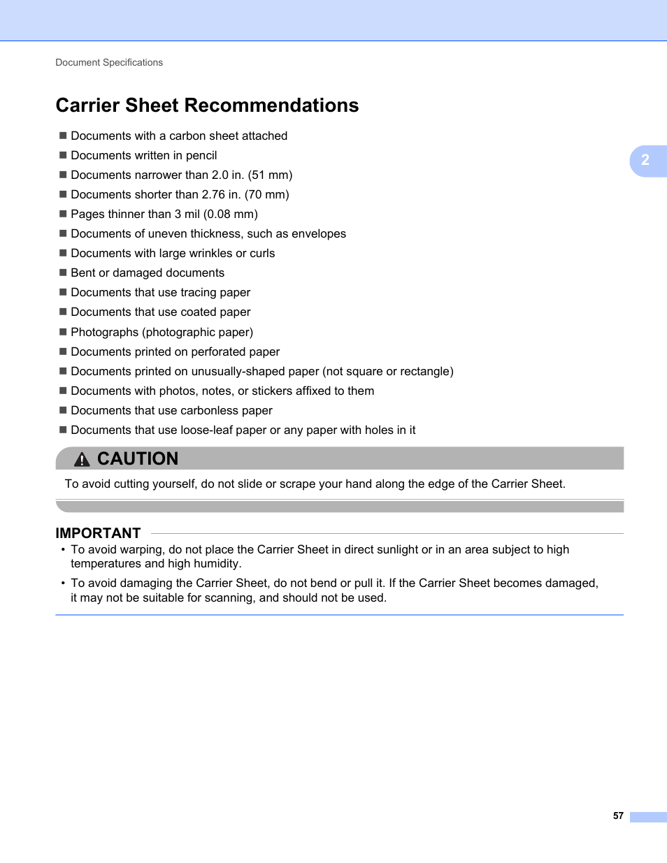 Carrier sheet recommendations, Caution, Important | Brother ADS-2400N User Manual | Page 73 / 319