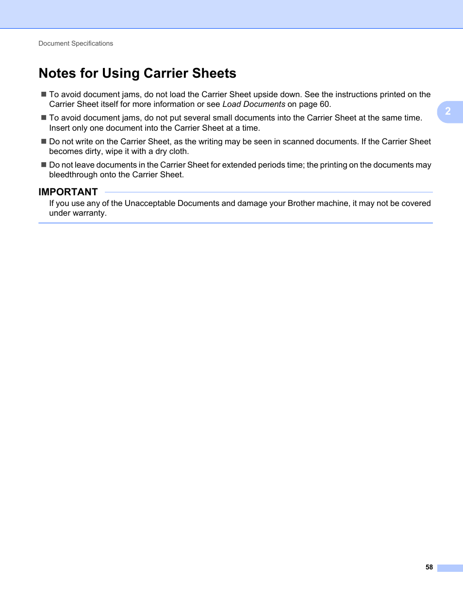 Notes for using carrier sheets, Important | Brother ADS-2400N User Manual | Page 74 / 319