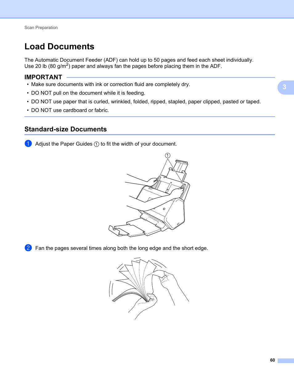 Load documents, Standard-size documents, Important | Brother ADS-2400N User Manual | Page 76 / 319