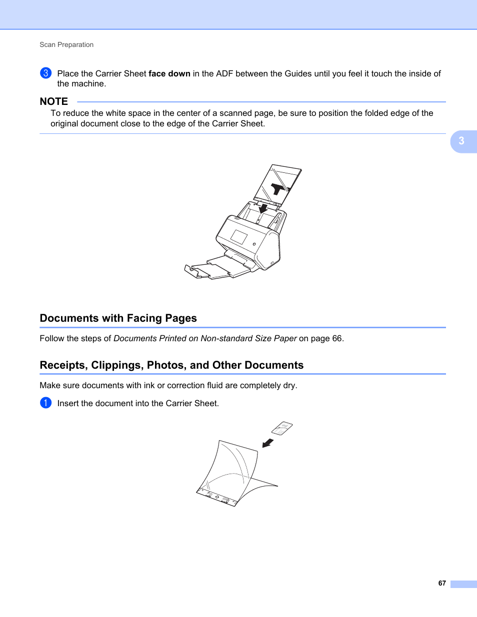 Receipts, clippings, photos, and other documents, Documents with facing pages | Brother ADS-2400N User Manual | Page 83 / 319
