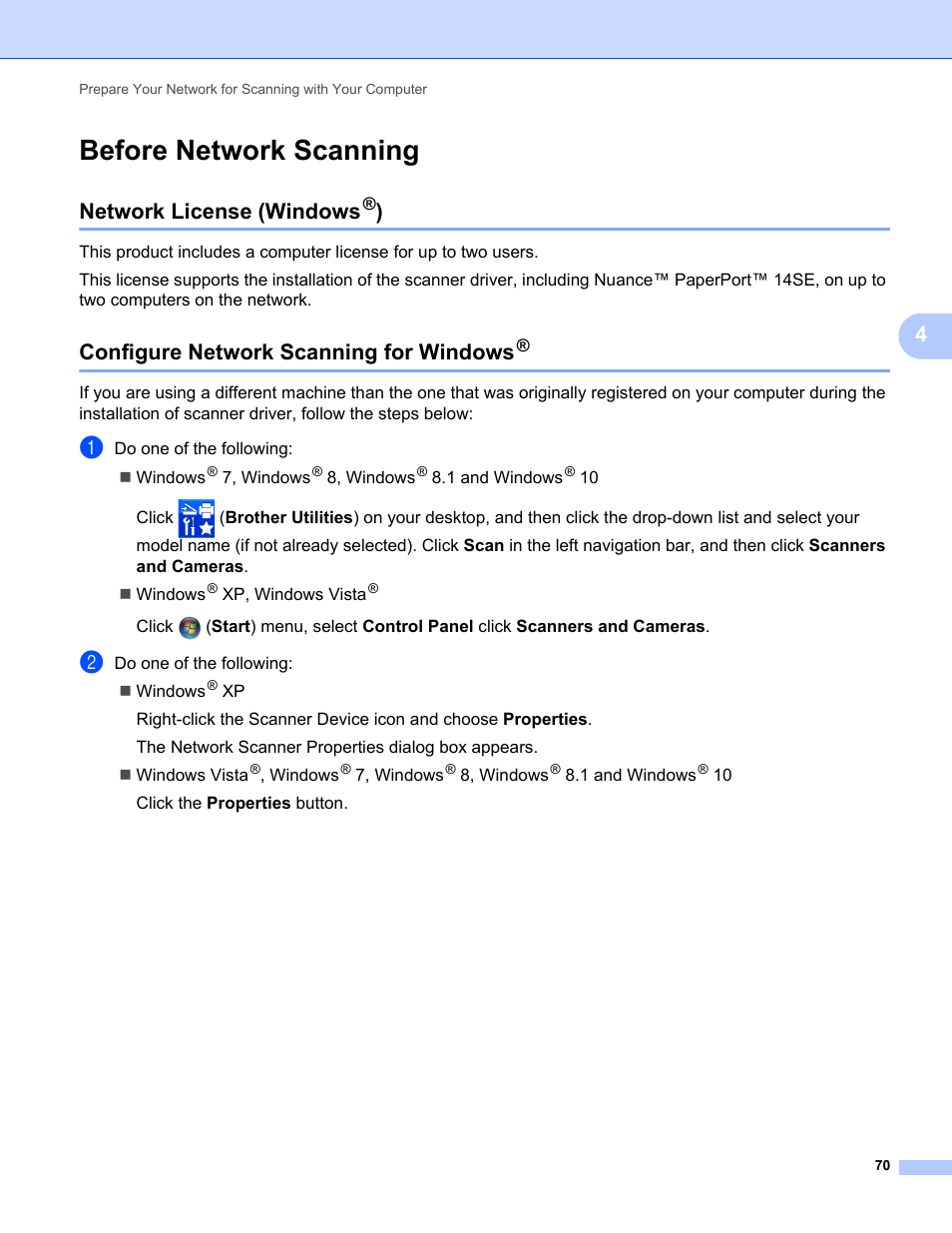 Before network scanning, Network license (windows®), Configure network scanning for windows | Network license (windows | Brother ADS-2400N User Manual | Page 86 / 319