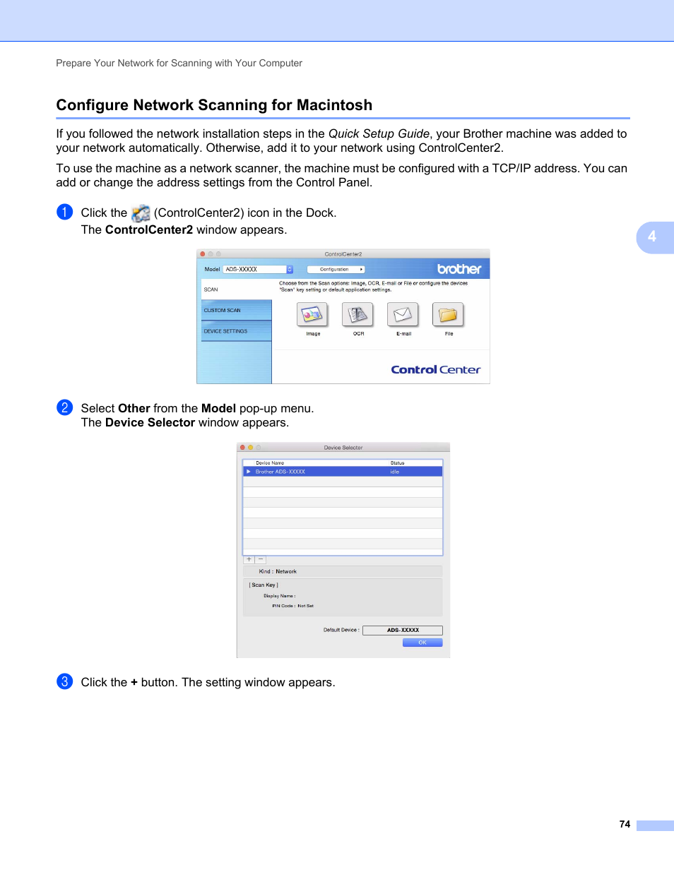 Configure network scanning for macintosh, 4configure network scanning for macintosh | Brother ADS-2400N User Manual | Page 90 / 319