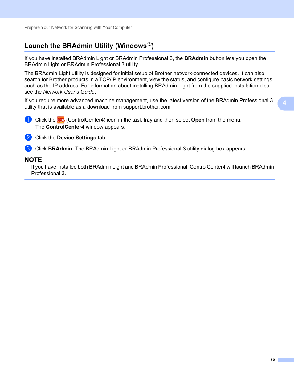 Launch the bradmin utility (windows®), Launch the bradmin utility (windows, 4launch the bradmin utility (windows | Brother ADS-2400N User Manual | Page 92 / 319