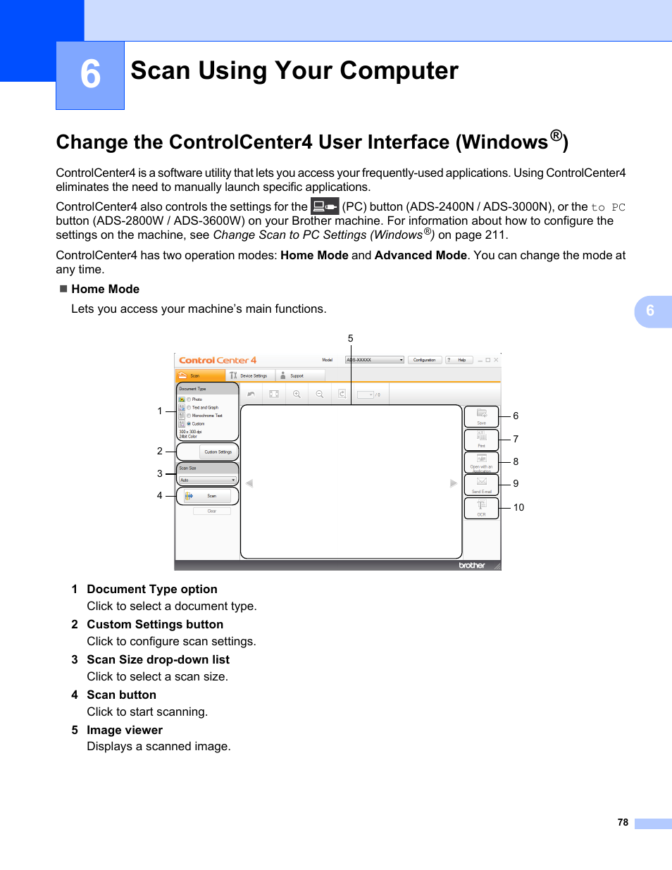 6 scan using your computer, Scan using your computer, Change the controlcenter4 user interface (windows | Brother ADS-2400N User Manual | Page 94 / 319