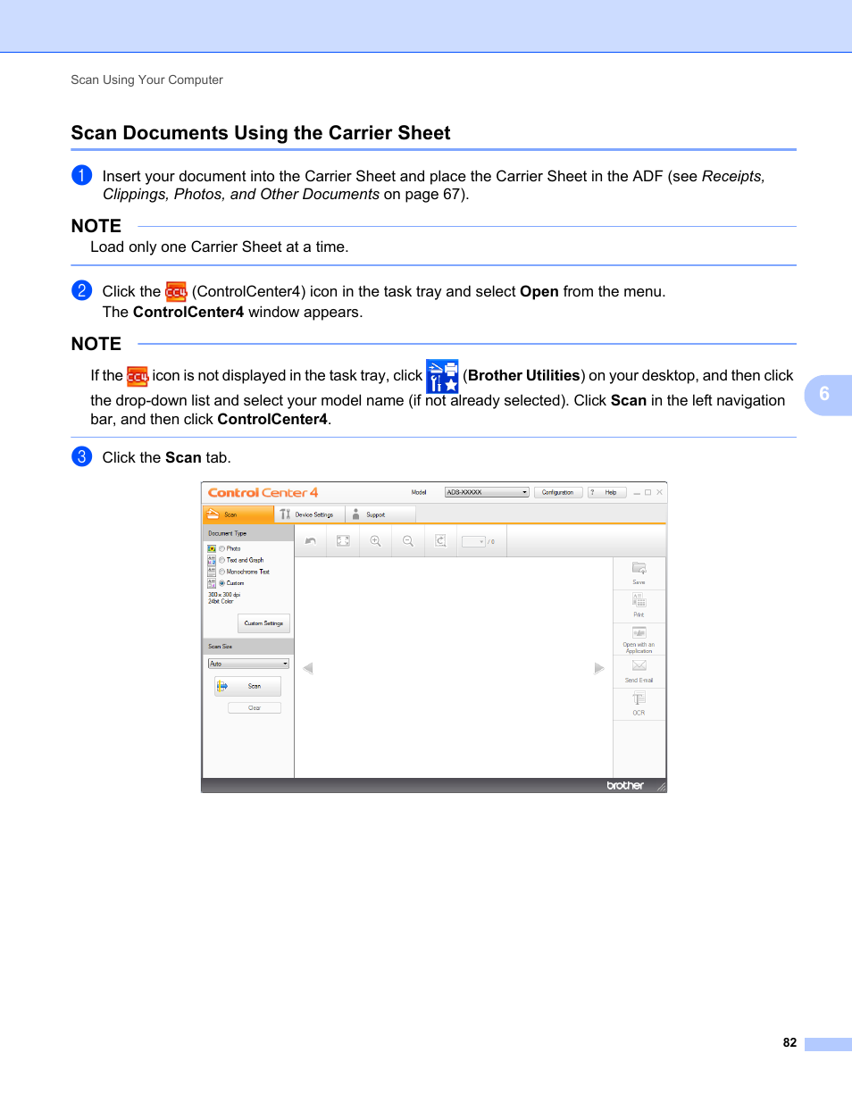 Scan documents using the carrier sheet, 6scan documents using the carrier sheet | Brother ADS-2400N User Manual | Page 98 / 319