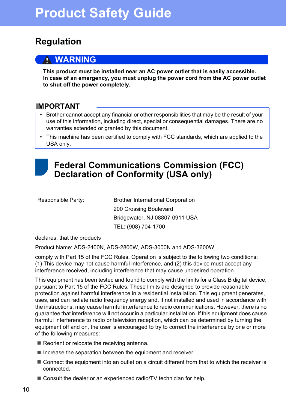 Regulation, Product safety guide, Warning | Brother ADS-2400N User Manual | Page 10 / 16