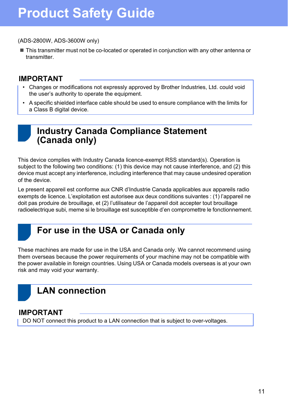 Industry canada compliance statement (canada only), For use in the usa or canada only, Lan connection | Product safety guide | Brother ADS-2400N User Manual | Page 11 / 16