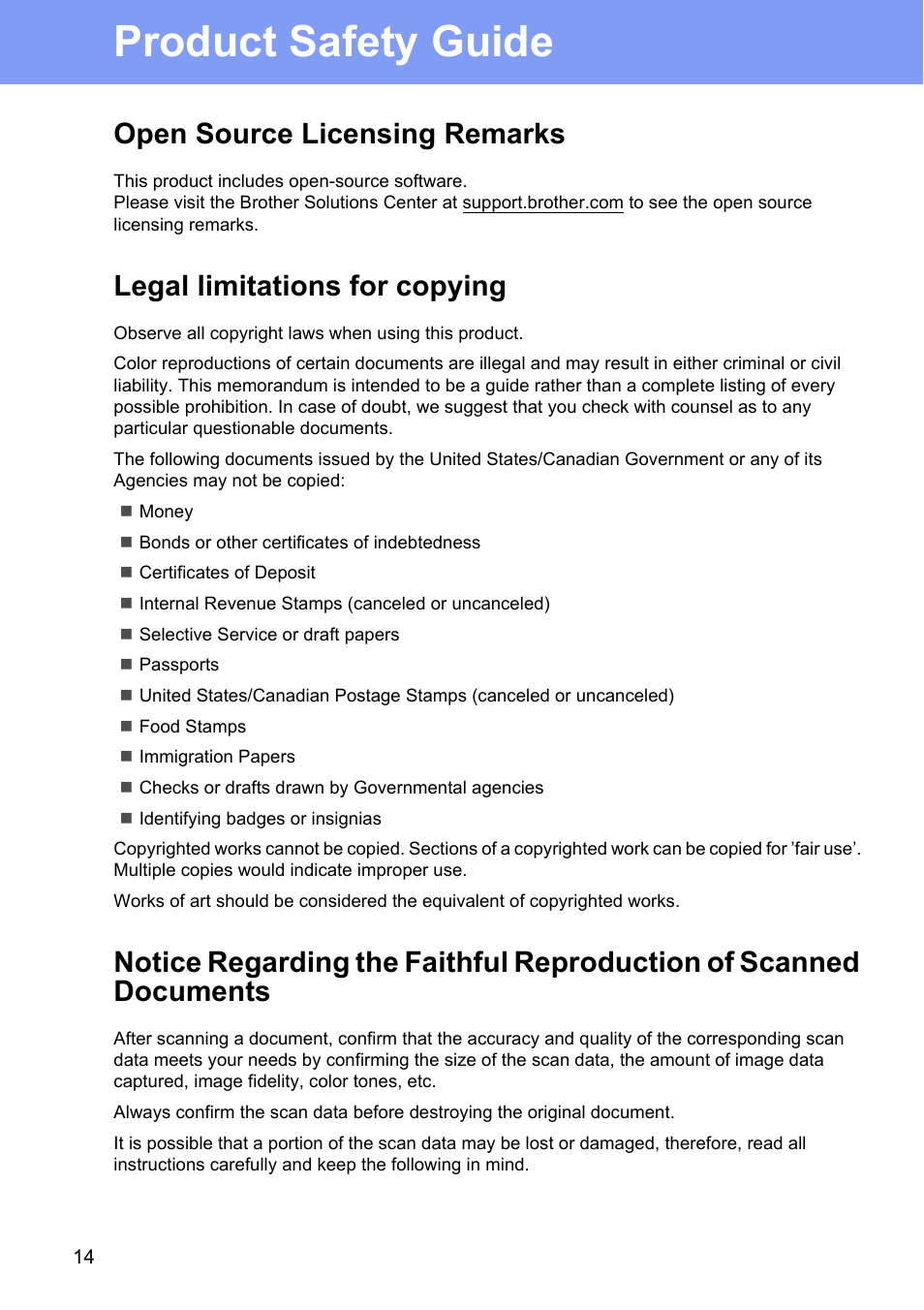 Open source licensing remarks, Legal limitations for copying, Product safety guide | Brother ADS-2400N User Manual | Page 14 / 16