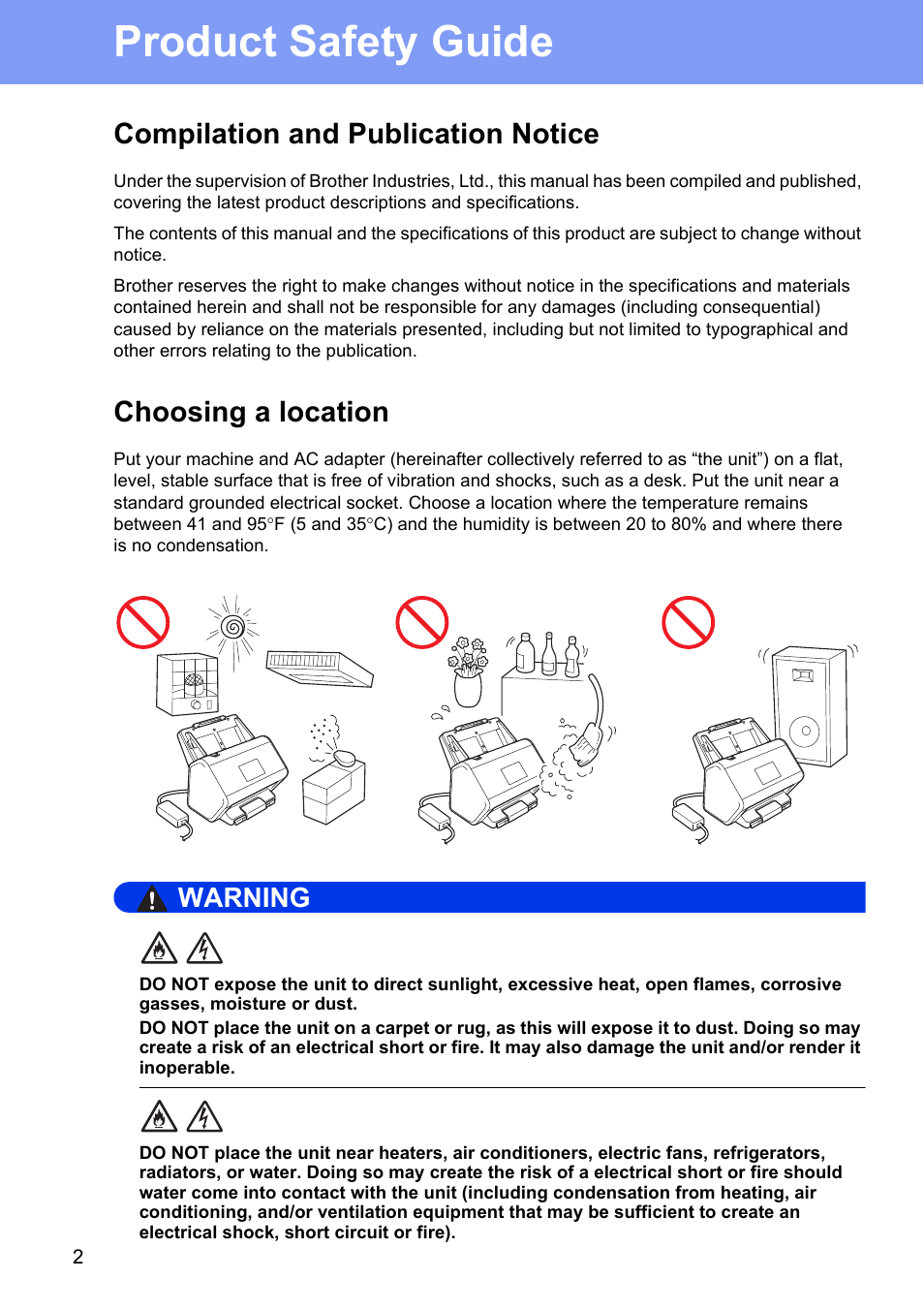 Compilation and publication notice, Choosing a location, Product safety guide | Warning | Brother ADS-2400N User Manual | Page 2 / 16