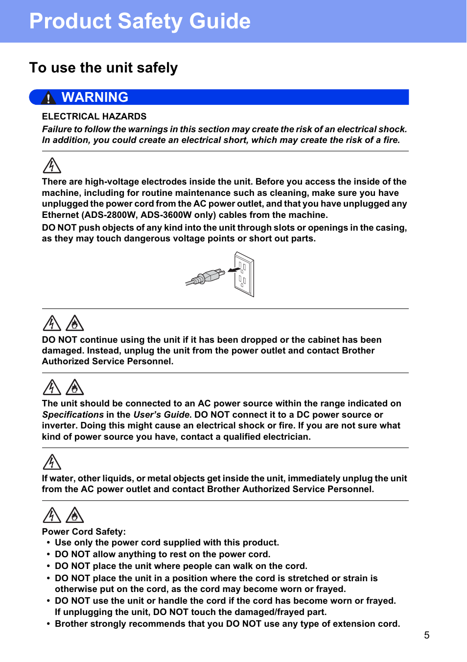 To use the unit safely, Product safety guide, Warning | Brother ADS-2400N User Manual | Page 5 / 16