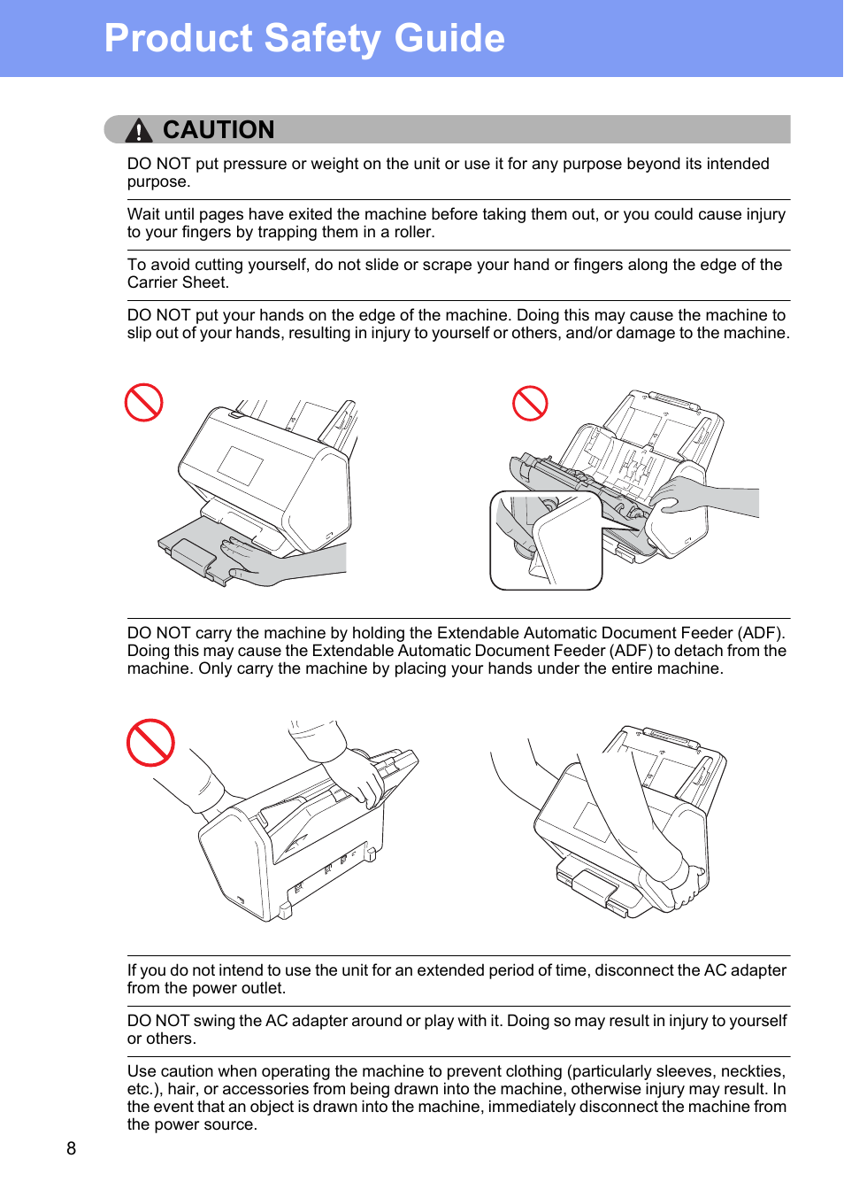 Product safety guide, Caution | Brother ADS-2400N User Manual | Page 8 / 16