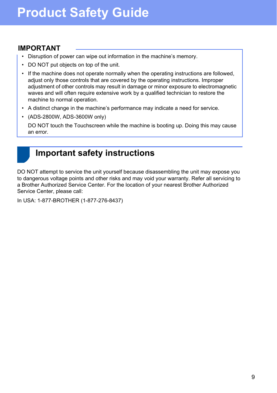 Important safety instructions, Product safety guide | Brother ADS-2400N User Manual | Page 9 / 16